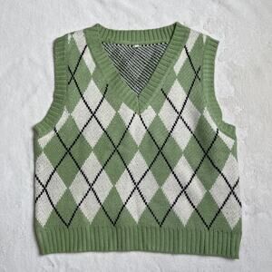 Women's Size L Argyle Sweater Vest Green Crop Academia Nerdy Preppy School Girl